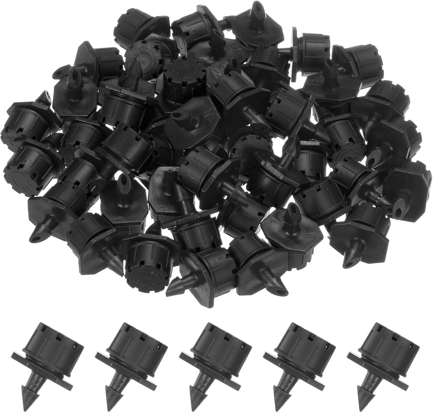100-Pack 360 Degree Adjustable Irrigation Dripper, 1/4 Inch Barbed Emitter Drip Sprinklers for Garden/Greenhouse/Flower Bed/Watering System, Anti-Clogging Emitters [Black]
