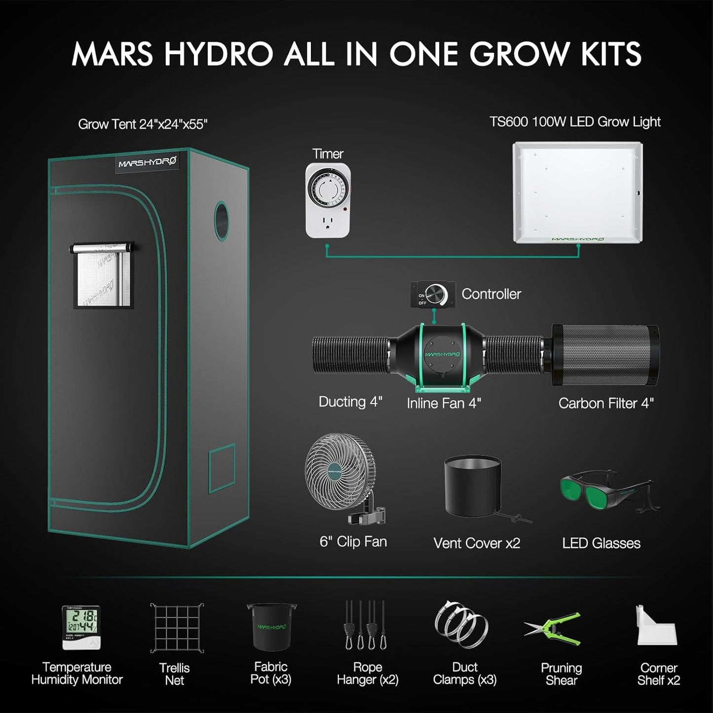 MARS HYDRO 2x2 Grow Tent Kit Complete System with 10 Speed Fan,100W TS600 LED Full Spectrum Grow Light,24"x24"x55" 1680D High Reflective Mylar Grow Tent,4 inch Smart WiFi Control Ventilation System