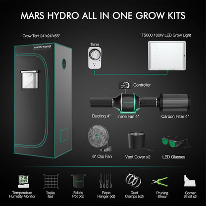 MARS HYDRO 2x2 Grow Tent Kit Complete System with 10 Speed Fan,100W TS600 LED Full Spectrum Grow Light,24"x24"x55" 1680D High Reflective Mylar Grow Tent,4 inch Smart WiFi Control Ventilation System