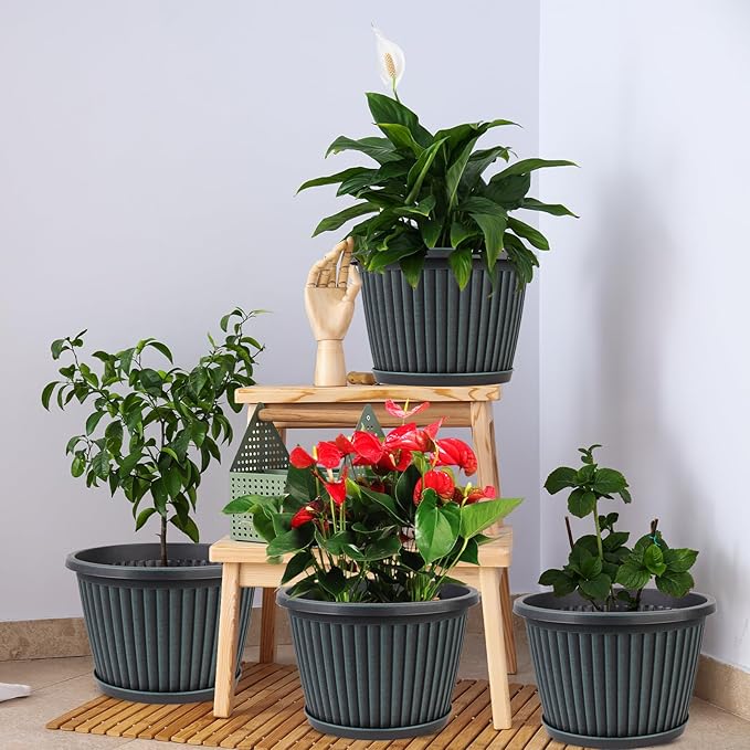 Planter-Pots-for-Plants-Indoor-Outdoor, 4 Pack 10 Inch Plastic Flower Pots with Saucer & Drainage Holes, Modern Garden Planters for Planting Medium Large Plants，Decorative Resin Garden Pots