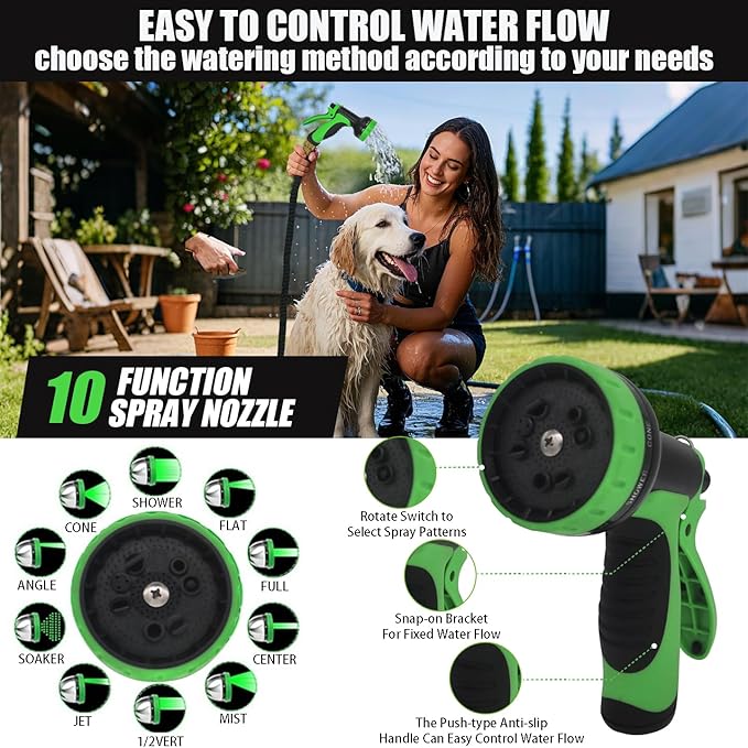 Expandable Garden Hose - 50 ft with 10 Function Nozzle Sprayer, Lightweight Flexible Water Hose with Durable Collapsible Latex Core & Solid Brass Fittings, 50ft Retractable Stretch Hose