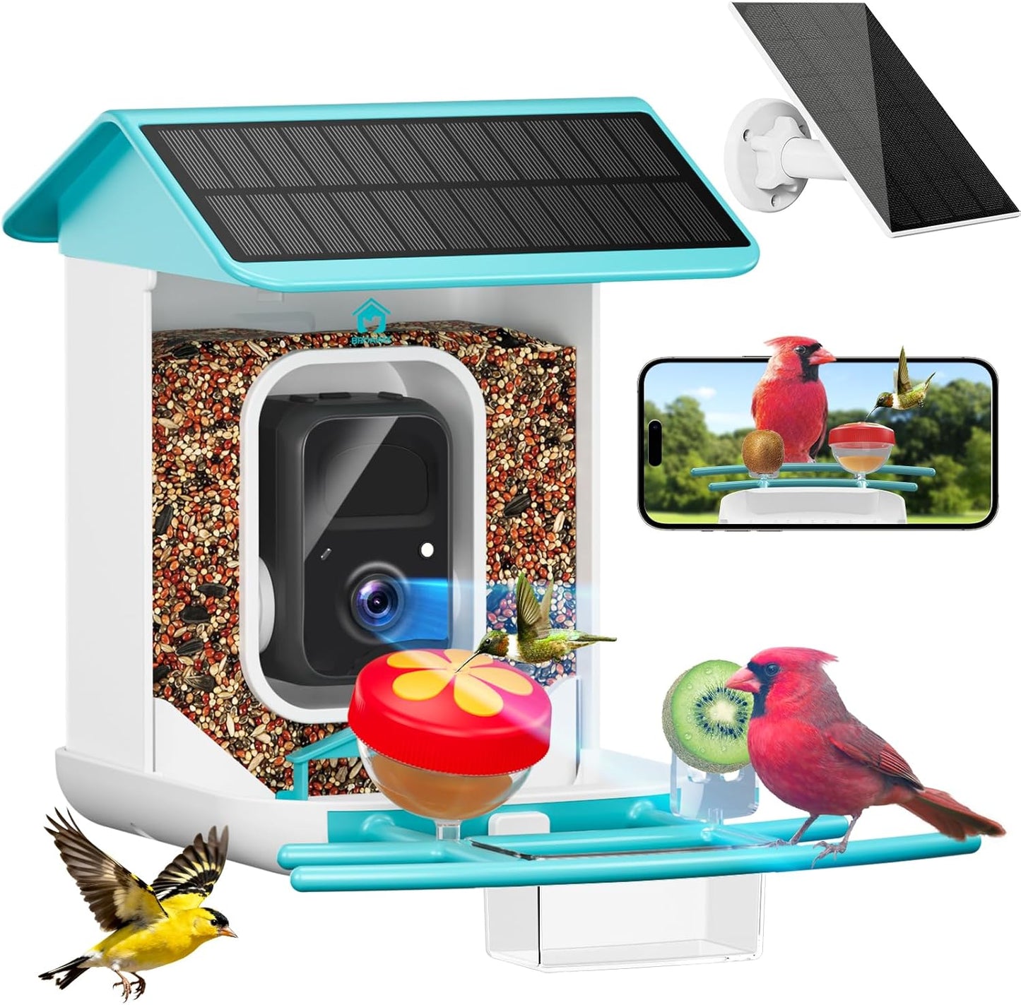 Smart Bird Feeder with Camera-AI Identify 11,000+ Species, 2K HD Auto Capture Birds Video & 64G TF Card, Solar-Powered Wireless Outdoor Design, Birdhouse with Built-in Two-Way Microphone