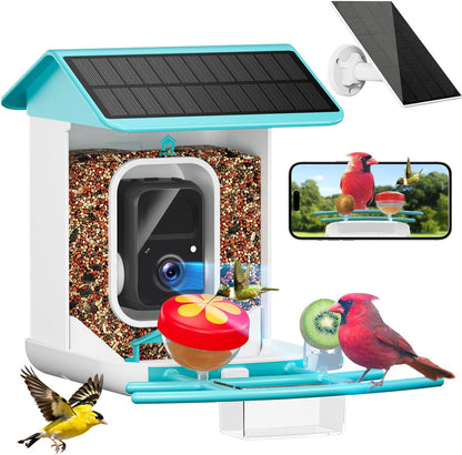 Smart Bird Feeder with Camera-AI Identify 11,000+ Species, 2K HD Auto Capture Birds Video & 64G TF Card, Solar-Powered Wireless Outdoor Design, Birdhouse with Built-in Two-Way Microphone