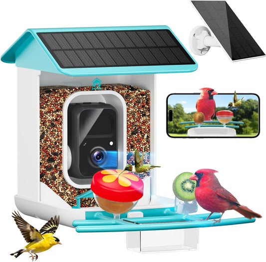 Smart Bird Feeder with Camera-AI Identify 11,000+ Species, 2K HD Auto Capture Birds Video & 64G TF Card, Solar-Powered Wireless Outdoor Design, Birdhouse with Built-in Two-Way Microphone