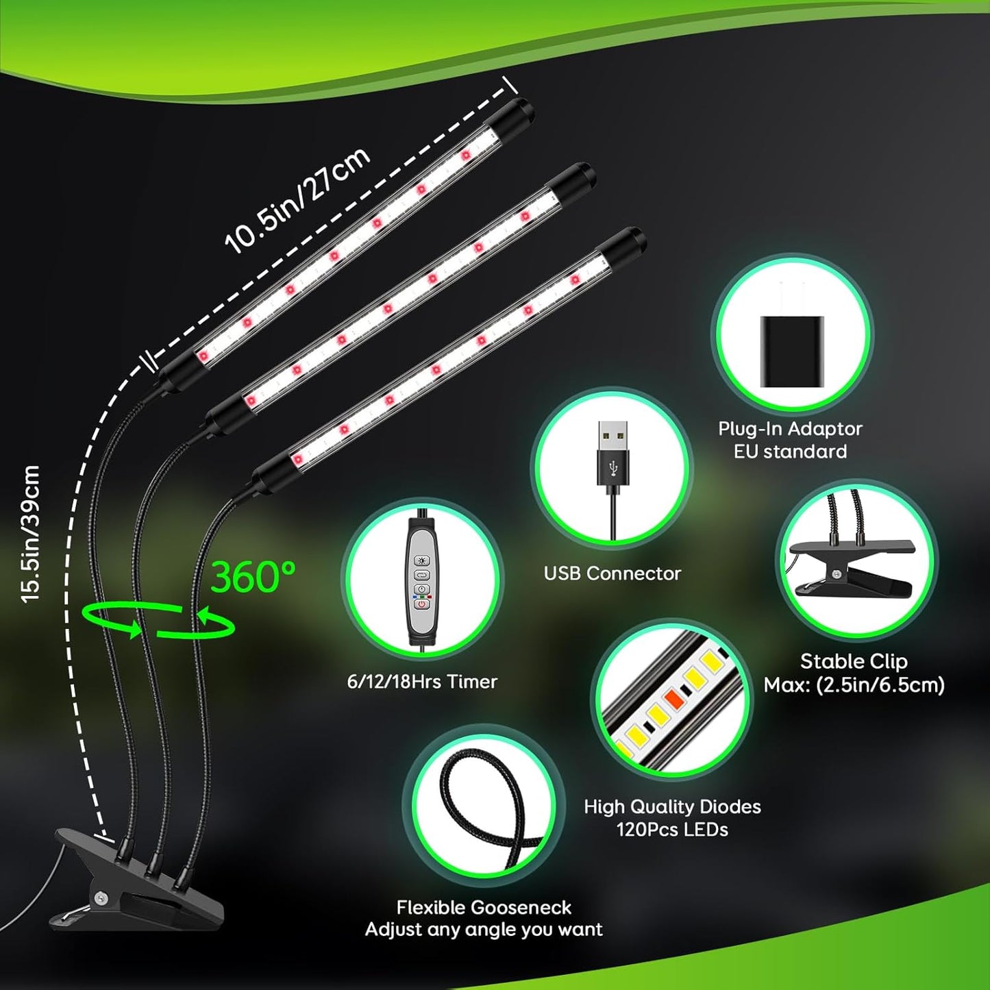 Tri-Heads Grow Lights for Indoor Plants, Full Spectrum Plant Lights for Indoor Growing with Adjustable 360° Gooseneck, 6/12/18H Timer & Dimming for Seedlings, Succulents, and Houseplants.