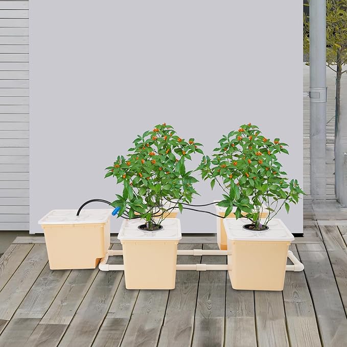 DWC Hydroponics Growing System Kit 4 Site + Reservoir, Deep Water Culture Hydroponic Bucket System with Submerged Pump