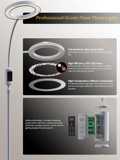 Smart Grow Lights for Indoor Plants,24W Plant Light with Auto-Timer,Full Spectrum LED Grow Light, Adjustable Height & Stepless Dimming,Plant Assistant Suitable for Most Plants (White, 24W)