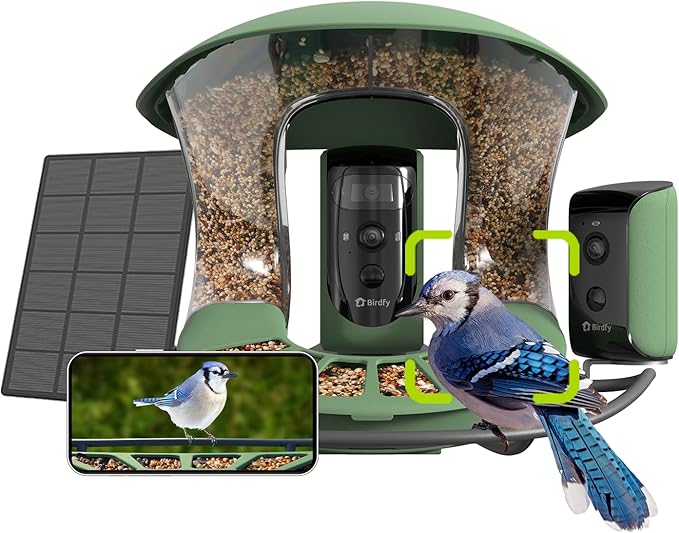 Birdfy 2 Smart Bird Feeder with Camera, AI Identifies Bird Species, 2K Dual-Lens + Side HD Camera for Live Streaming & Feeding View, Solar-Powered Backyard Birdwatching Gift Present
