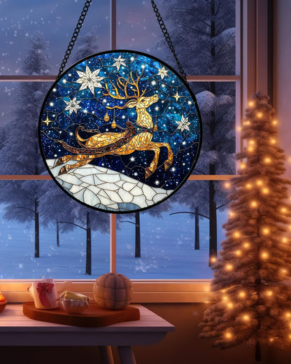 Stained Glass Window Hanging - Reindeer Blue Starry Sky Suncatcher for Doors Home Christmas Decoration Winter Sun Catcher Thanksgiving New Year Birthday Gifts for Women Men Mom Nana 11.8 in