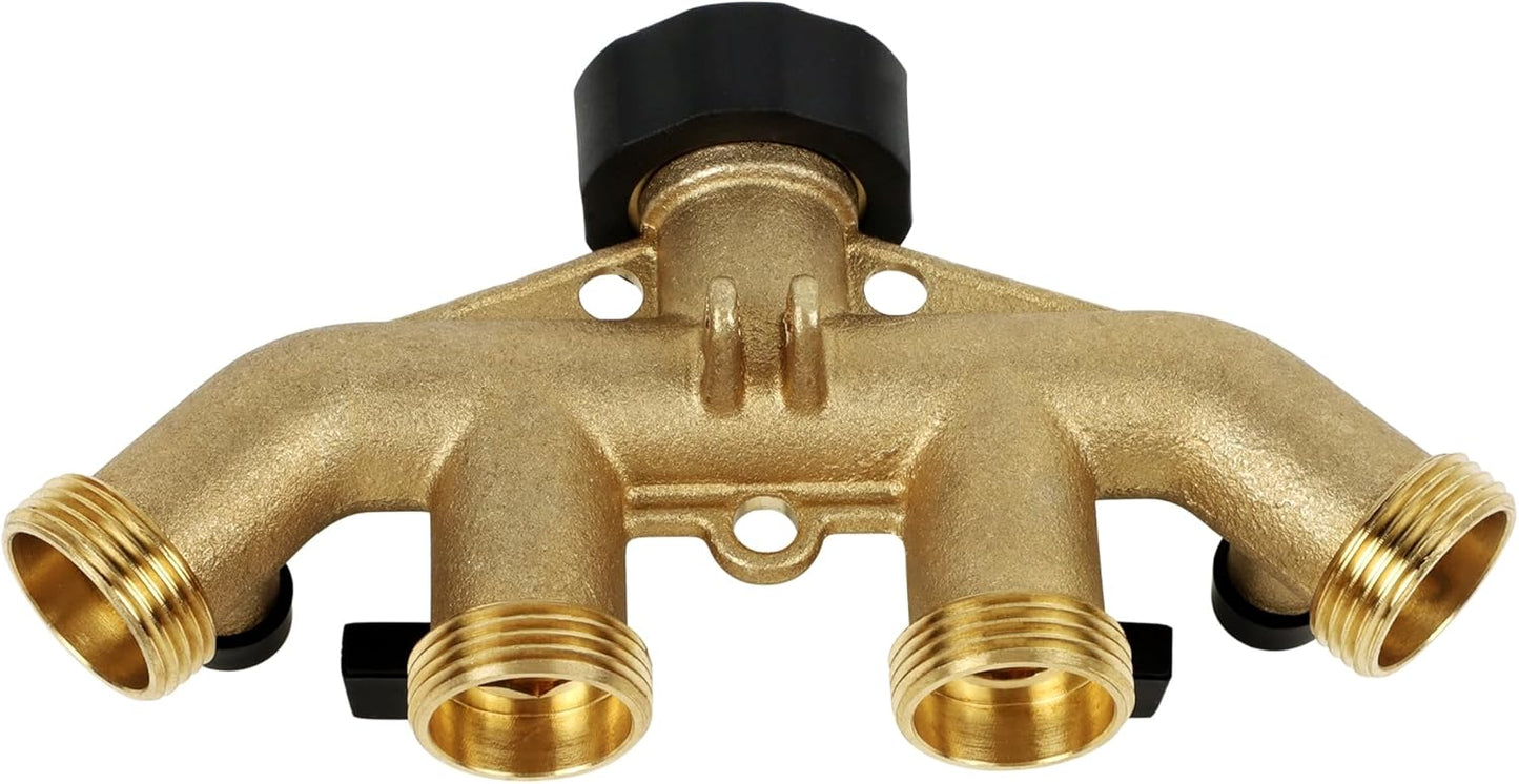 4 Way Brass Hose Splitter, 3/4" Brass Hose Faucet Manifold, Garden Hose Adapter Connector