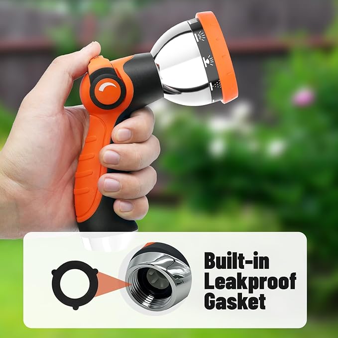 Garden Hose Nozzle, Hose Sprayer Nozzle with 10 Spray Patterns, Thumb Control On Off Valve, High Pressure Metal Water Hose Nozzle for Car Wash, Plants, Pets & Outdoor Cleaning, Orange