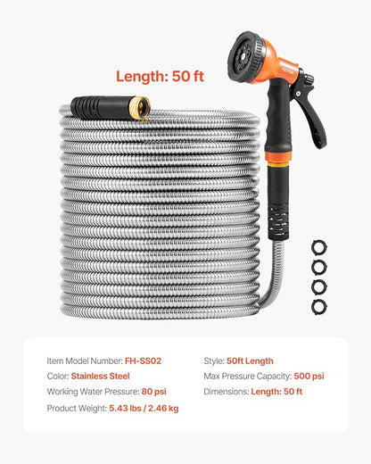 VEVOR Garden Hose Metal 50FT – Heavy Duty Stainless Steel Water Hose, Flexible, No Kink & Tangle, Puncture Resistant & Rust Proof, Lightweight w/ 10-Function Spray Nozzle for Yard, Outdoor, Gardening