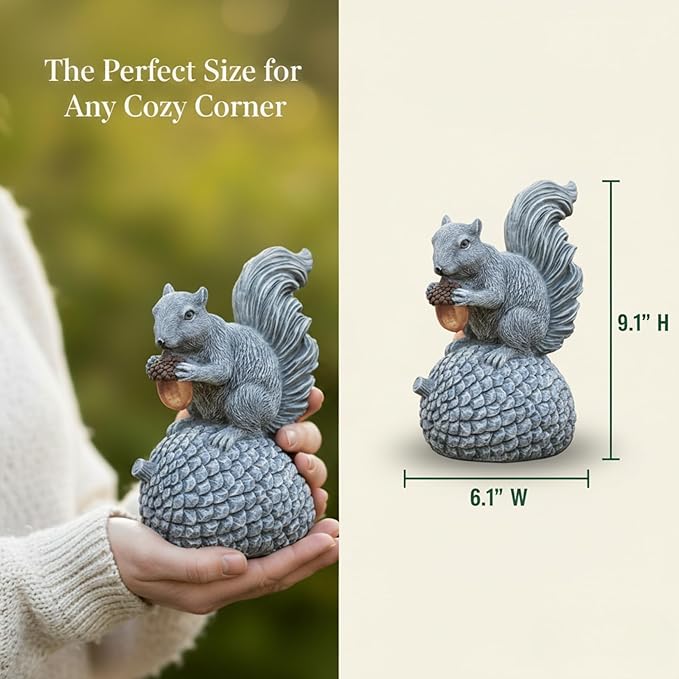 Solar Garden Statue – Hand-Painted Resin Squirrel on Pinecone with Glowing LED Acorn – Charming Yard, Patio & Balcony Decor – Gift for Mom, Grandma & Garden Lovers