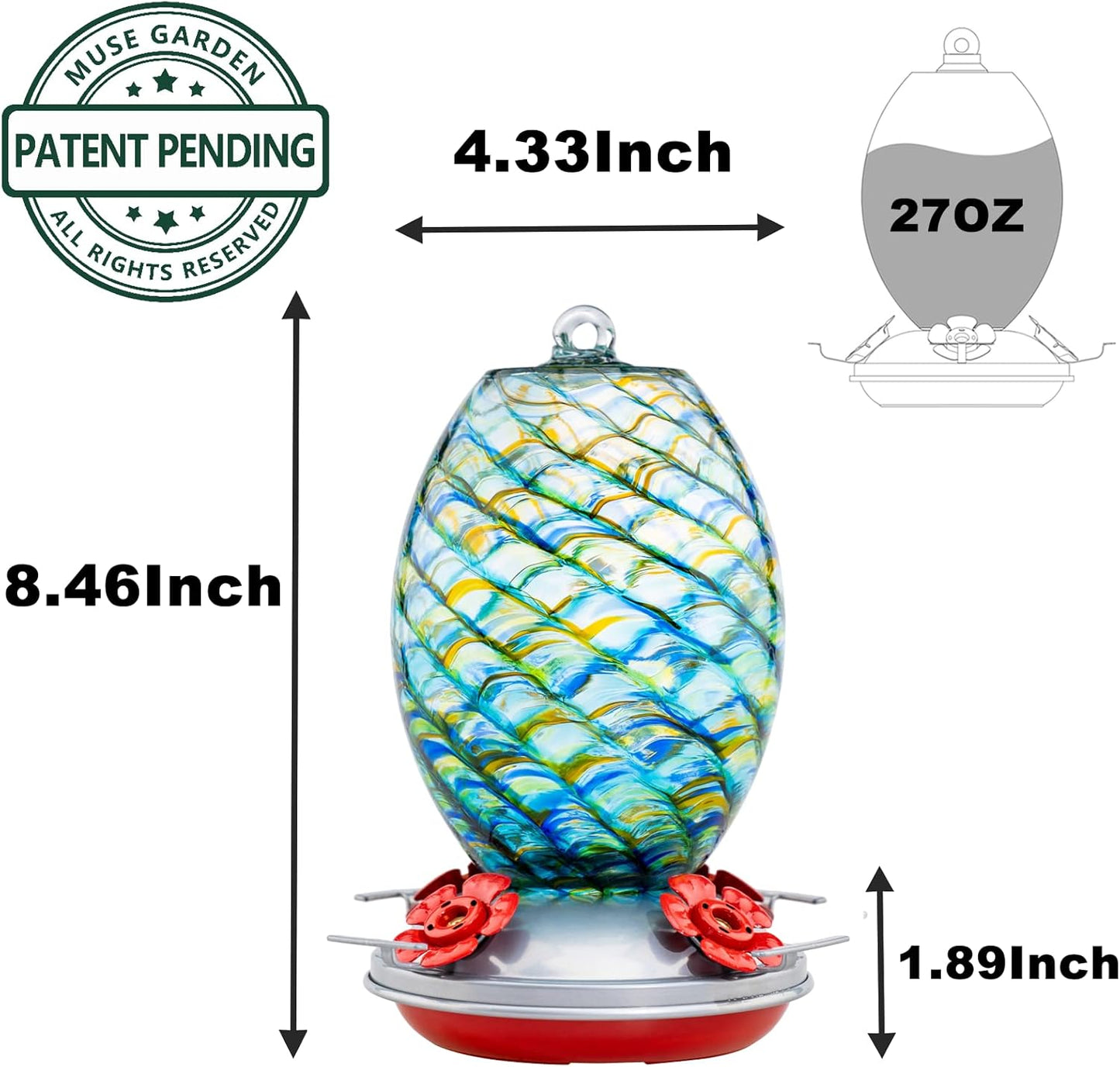 Muse Garden Glass Humming Bird Feeders for Outdoors - 27OZ Blown Glass Hummingbird Feeder - Unique Gift for Mom Women Grandparents, Outdoors Hanging Garden Decor, Ant Moat & Brush, Beach Mermaid
