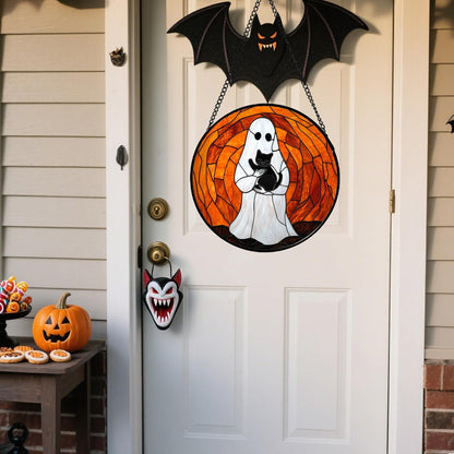 Stained Glass Window Hanging - Halloween Cute White Ghost Black Cat Suncatcher for Doors Garden Home Spooky Orange Sun Catchers Gothic Decor Horror Gift for Women Men Friend Boy Girl 7.8 in