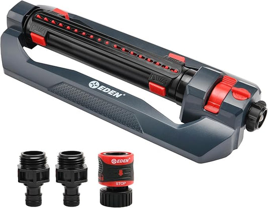 Eden 94094 Turbo Oscillating Sprinkler, Covers Up to 4,000 sq. ft., 18 Precision Nozzles, Adjustable Range and Width Tabs, Flow Control, Weighted Base, Quick Connect Starter Set