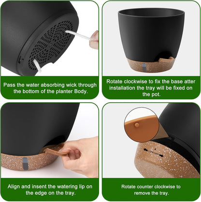 Self-Watering Plant Pots with Water Level Indicator, Drainage Holes & Saucers – 12/10/9 Inch Large Plastic Planter Set for Indoor & Outdoor Plants(Black)