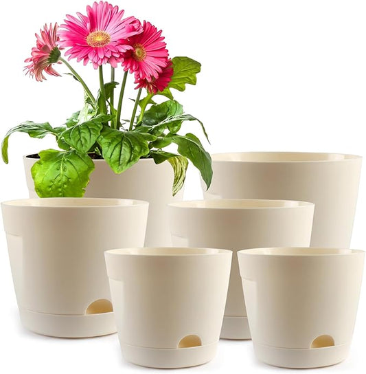Self Watering Pots for Indoor Plants, 5+6+7 Inch 6 Pack Self Watering Planter with Reservoir for All Housplants Flowers Garden, Plastic Flower Pots for Succulents Planting Pot (Cream White)