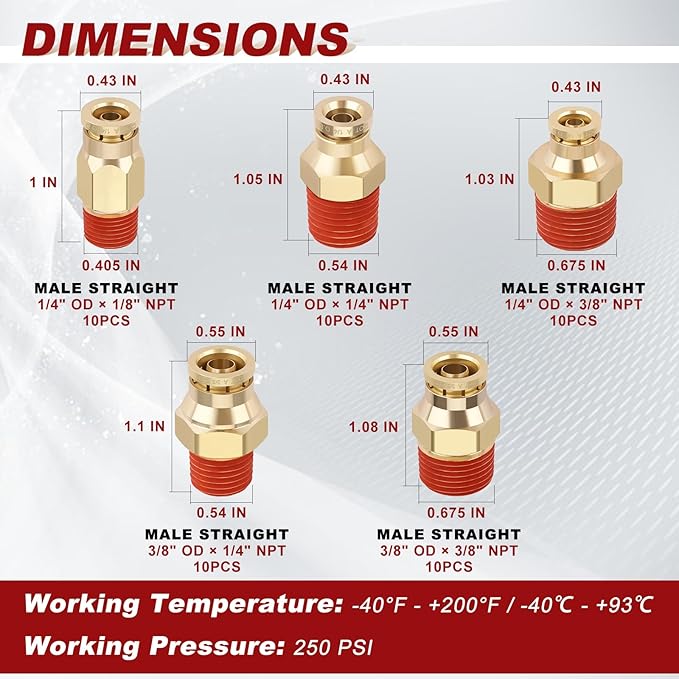 50pcs Quick Push to Connect Fittings Brass Male Straight Combination 1/4 3/8 DOT Air Line Fittings Kit 1/4 3/8 Tube Fitting DOT Approved Air Brake System Air Suspension Kit Air Hose Repair Kit