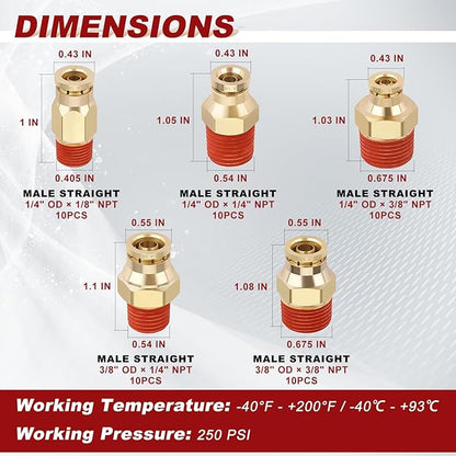 50pcs Quick Push to Connect Fittings Brass Male Straight Combination 1/4 3/8 DOT Air Line Fittings Kit 1/4 3/8 Tube Fitting DOT Approved Air Brake System Air Suspension Kit Air Hose Repair Kit