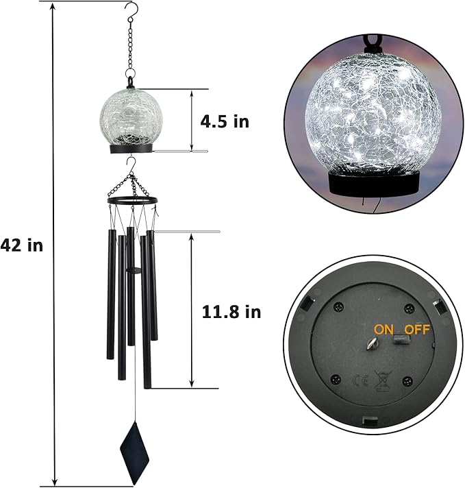 Garden Wind Chimes Outdoor, Solar Hanging Glass Ball Wind Chimes with 15 Cool White LEDs 42 Inch Large with Unique Memorial Sympathy Wind Chime Outside Garden Decor as a Gift for Patio, Porch, Balcony