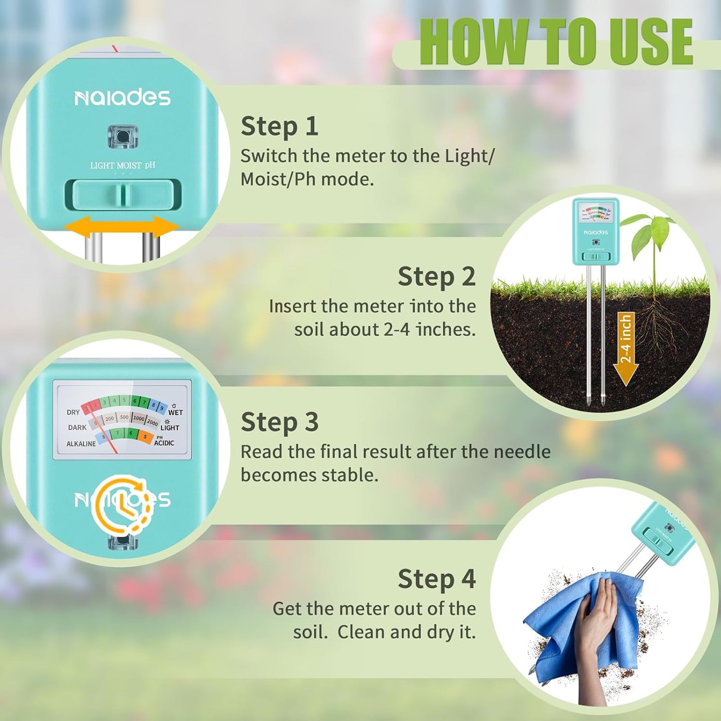 Professional 3-in-1 Soil Tester - Moisture/Light/pH Meter with Lab-Calibrated Probes, 90° Rotatable Display for Indoor/Outdoor Plants (Battery-Free)
