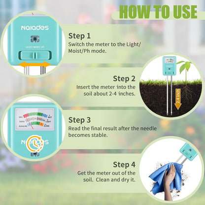 Professional 3-in-1 Soil Tester - Moisture/Light/pH Meter with Lab-Calibrated Probes, 90° Rotatable Display for Indoor/Outdoor Plants (Battery-Free)