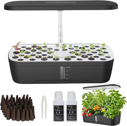 52 Pods Hydroponics Growing System Kit, Indoor Herb Garden with Smart LED Grow Light, Large Capacity Water Tank, Adjustable Height, Auto Timer & Quiet Pump for Home Kitchen Office Indoor Gardening
