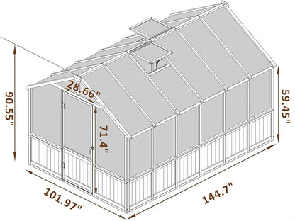 Greenhouse for Outdoor, 6x8ft-8x12ft Wooden WAK-in Greenhouse Kitwith 6MM Thick Polycarbonate Panel, Lockable Door & Adjustable Roof Vent ，Backyard Garden ﻿ (Light Mocha Brown, 8*12FT)