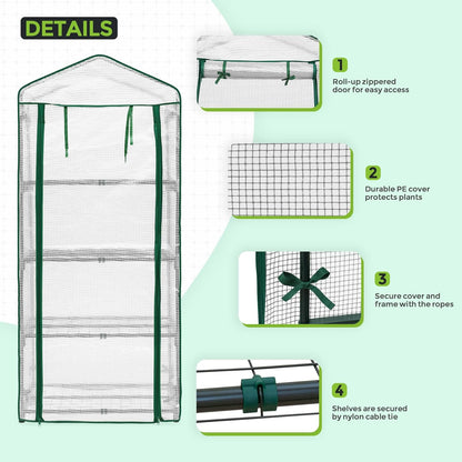 EAGLE PEAK 4-Tier Mini Greenhouse Portable Green House with Shelves & Weather-Resistant PE Cover, Small Greenhouse for Seedlings & Gardening Gifts, 27x19x64 in, Clear/White