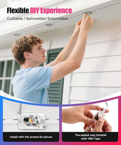 POOFZY Permanent Outdoor Lights for House, 200ft RGB+IC Smart Outdoor Decor, 50 Scene Modes, App/Remote Control, IP68 Waterproof, for Christmas, Holiday, Daily & Pool Party Decor, House Roof Lighting