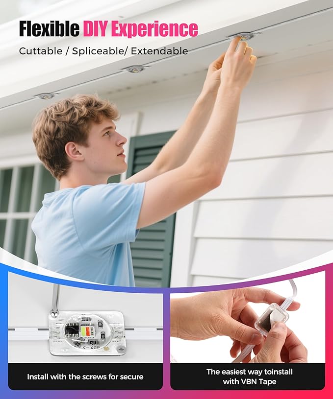 POOFZY Permanent Outdoor Lights for House, 150ft RGB+IC Smart Outdoor Decor, 50 Scene Modes, App/Remote Control, IP68 Waterproof, for Christmas, Holiday, Daily & Pool Party Decor, House Roof Lighting