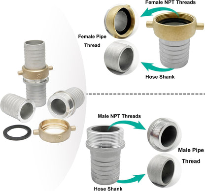 SAFBY 2PCS 2 inch Type C and Type E, Pin Lug, Aluminum Cam Lock Fittings Cam Groove Camlock, Male and Female Adapter with Hose Fitting 2PCS Whip Stop Hose Restraint 6PCS Hose Clamps