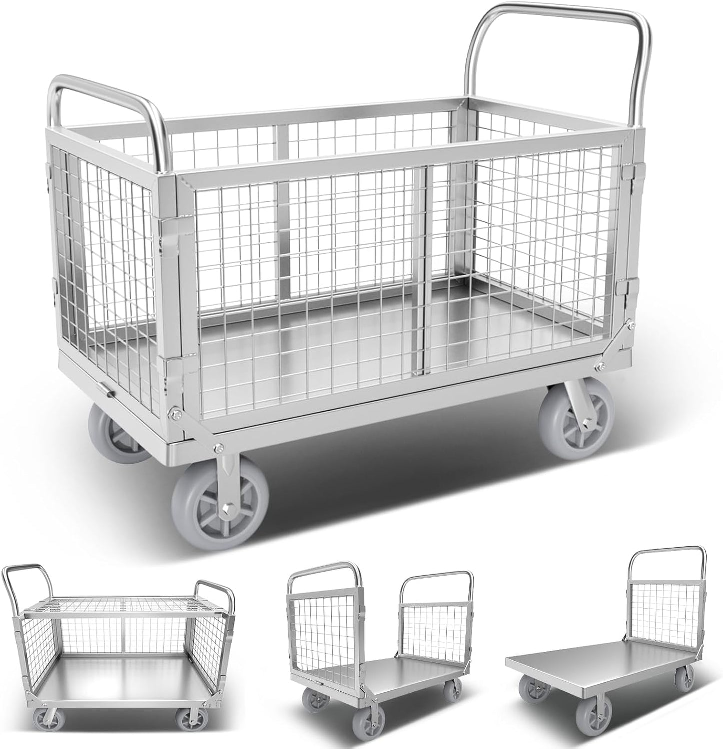 Platform Truck Cart with Cage, Multipurpose 6 in1 Foldable Flatbed Cart Heavy Duty Push Cart Dolly W/Swivel Wheels 2000lbs Capacity Utility Hand Cart for Grocery/Laundry/Stall/Storage