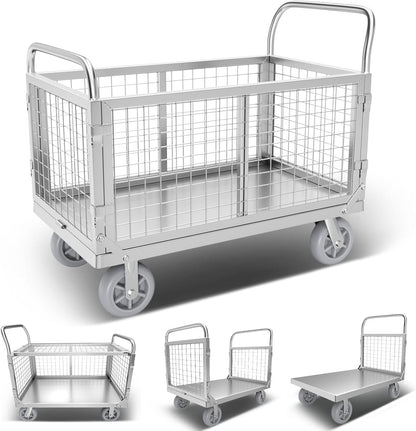 Platform Truck Cart with Cage, Multipurpose 6 in1 Foldable Flatbed Cart Heavy Duty Push Cart Dolly W/Swivel Wheels 2000lbs Capacity Utility Hand Cart for Grocery/Laundry/Stall/Storage