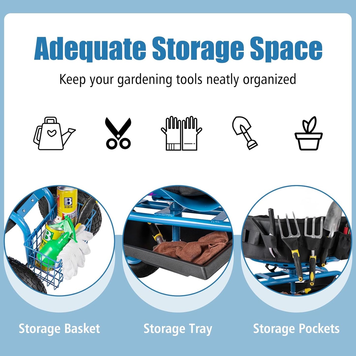 Goplus Rolling Garden Seat with Wheels, Outdoor Garden Cart with 360° Swivel Seat & Tool Storage, 2 Steering Handles, Gardening Stool Wagon Scooter, Lawn, Patio Gardening Workseat for Seniors