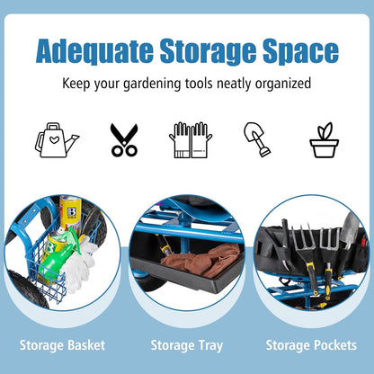 Goplus Rolling Garden Seat with Wheels, Outdoor Garden Cart with 360° Swivel Seat & Tool Storage, 2 Steering Handles, Gardening Stool Wagon Scooter, Lawn, Patio Gardening Workseat for Seniors