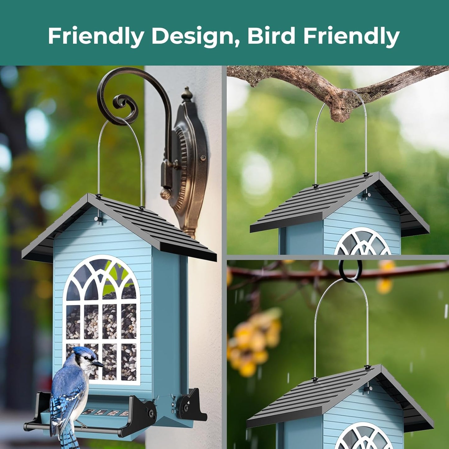 Squirrel Proof Bird Feeders for Outdoors Hanging, 5LBS Large Capacity, Metal Wild Seed Feeder with Bilateral Weight-Activated Perches, Anti Squirrel Birdfeeder for Outside Finch, Cardinal- Blue