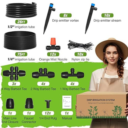 MIXC Greenhouse Micro Drip Irrigation Kit Automatic Irrigation System Patio Misting Plant Watering System with 1/4 inch 1/2 inch Irrigation Tubing Hose Adjustable Nozzle Emitters Barbed Fittings