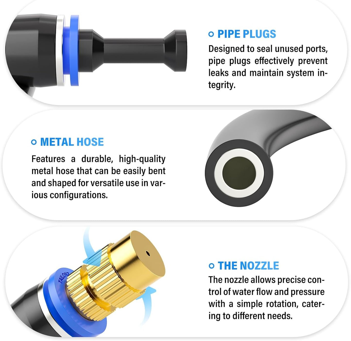 TAILONZ PNEUMATIC Brass Misting Nozzles with Tee Fittings – 12" Hose, 360° Adjustable Spray for Patio Cooling, Watering, and Outdoor Misting Systems 10PCS
