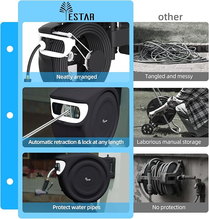 Retractable Garden Hose Reel 1/2"x130 ft, Automatic Hose Reel with 7 Pattern Nozzle,Any Length Lock Wall Mounted &180 Deg Swivel