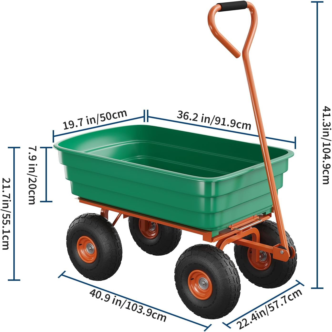 Heavy Duty Poly Garden Dump Cart, 4 Cu ft / 600 Lbs Yard Dump Wagon with 10 in No-Flat Tires, Quick-Release Rust-Proof Polyethylene Bed & 180-Degree Rotating Handle for Lawn, Landscaping & Gardening