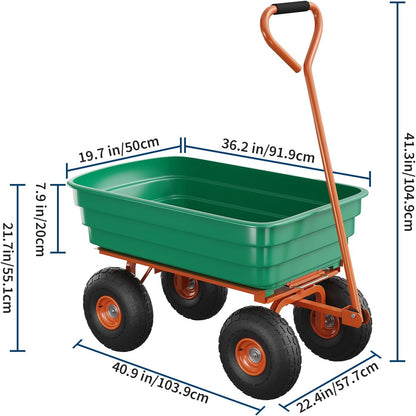 Heavy Duty Poly Garden Dump Cart, 4 Cu ft / 600 Lbs Yard Dump Wagon with 10 in No-Flat Tires, Quick-Release Rust-Proof Polyethylene Bed & 180-Degree Rotating Handle for Lawn, Landscaping & Gardening