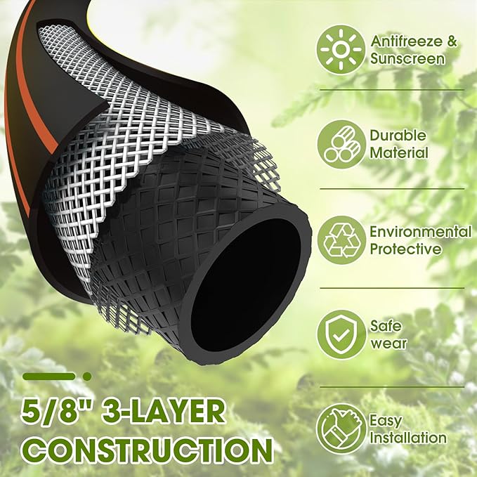 Heavy Duty Garden Hose – 5/8 Inch Flexible, Lightweight Hybrid Hose with 600 PSI Burst Pressure, Swivel Handle, and Durable Copper Male/Female Fittings (Black, 25FT)