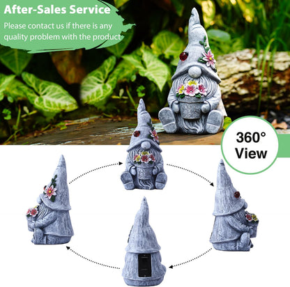 Goodeco Sitting Gnome Holding Flower Statue - Solar Garden Gnomes Decor for Outside with LED Lights, for Women or Moms, Housewarming Gnome Decorations