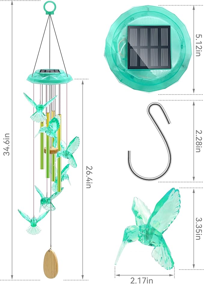 Hummingbird Solar Wind Chimes, Birthday Memorial Gifts for Women Mom, Glowing Top Color Changing Hummingbirds Moblie LED Wind Chime for Outside, Outdoor Home Party Garden Decor Light(Green)