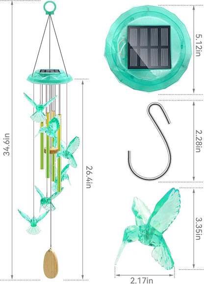 Hummingbird Solar Wind Chimes, Birthday Memorial Gifts for Women Mom, Glowing Top Color Changing Hummingbirds Moblie LED Wind Chime for Outside, Outdoor Home Party Garden Decor Light(Green)
