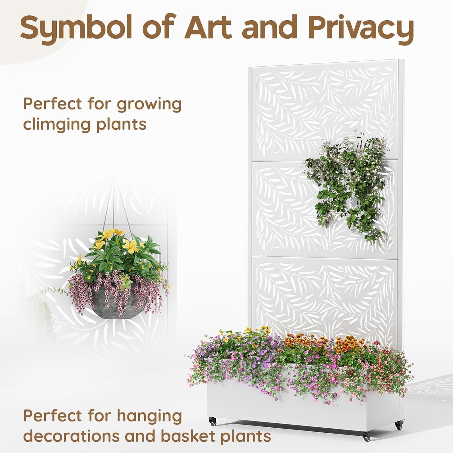 Metal Raised Garden Bed with Trellis & Wheels,72" x 35"x 15.7" Planter Box with Trellis,Privacy Planters for Patio,Garden Bed for Climbing Plants,Suitable for climbing plants and vegetables,White