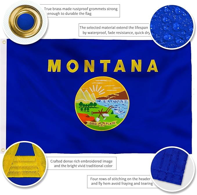 XIFAN Premium Montana State Flag 3x5 ft Outdoor, Double Sided Embroidered Image, Heavy Duty 210D Nylon MT Flags, the Strongest Longest Lasting for Outside with Sewn Stripes/Brass Grommets