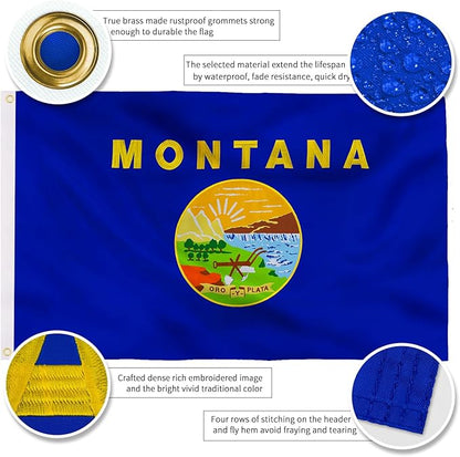 XIFAN Premium Montana State Flag 3x5 ft Outdoor, Double Sided Embroidered Image, Heavy Duty 210D Nylon MT Flags, the Strongest Longest Lasting for Outside with Sewn Stripes/Brass Grommets